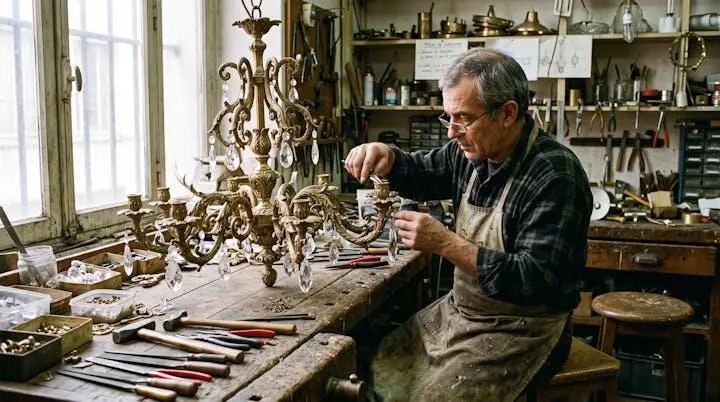 Artisan travaillant sur la restauration d'un lustre en bronze dans un atelier traditionnel