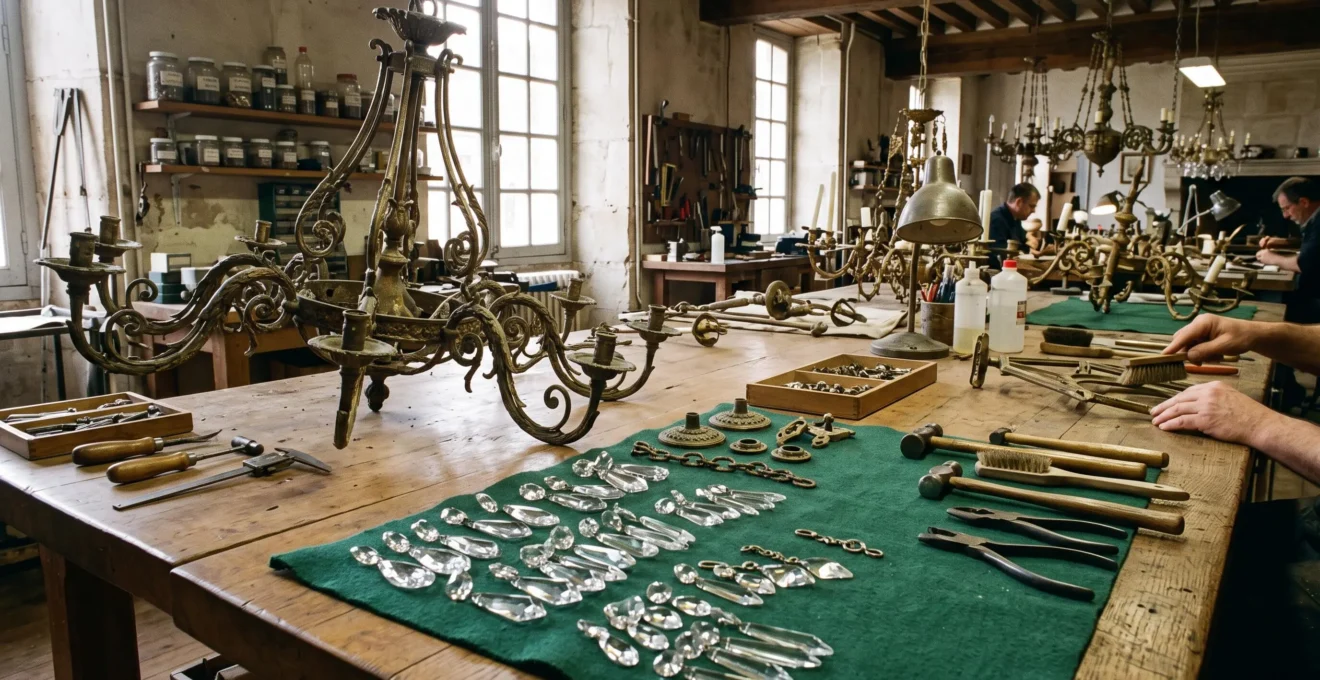 Lustres anciens en cours de restauration sur un établi d'atelier traditionnel