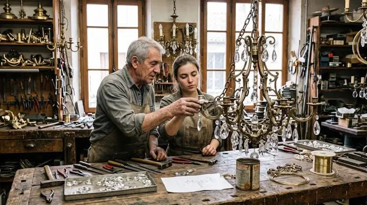 Compagnon et apprenti travaillant ensemble sur un lustre dans un atelier